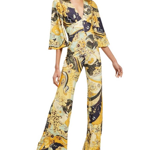 Free People Pants - Free People Yellow Multi Floral Print Boot-Cut Jumpsuit